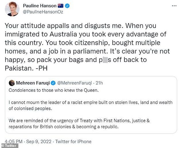Pauline Hanson investigated after One Nation leader tweet about Greens senator Mehreen Faruqi | Daily Mail Online Pauline Hanson investigated after One Nation leader tweet about Greens senator Mehreen Faruqi | Daily Mail Online