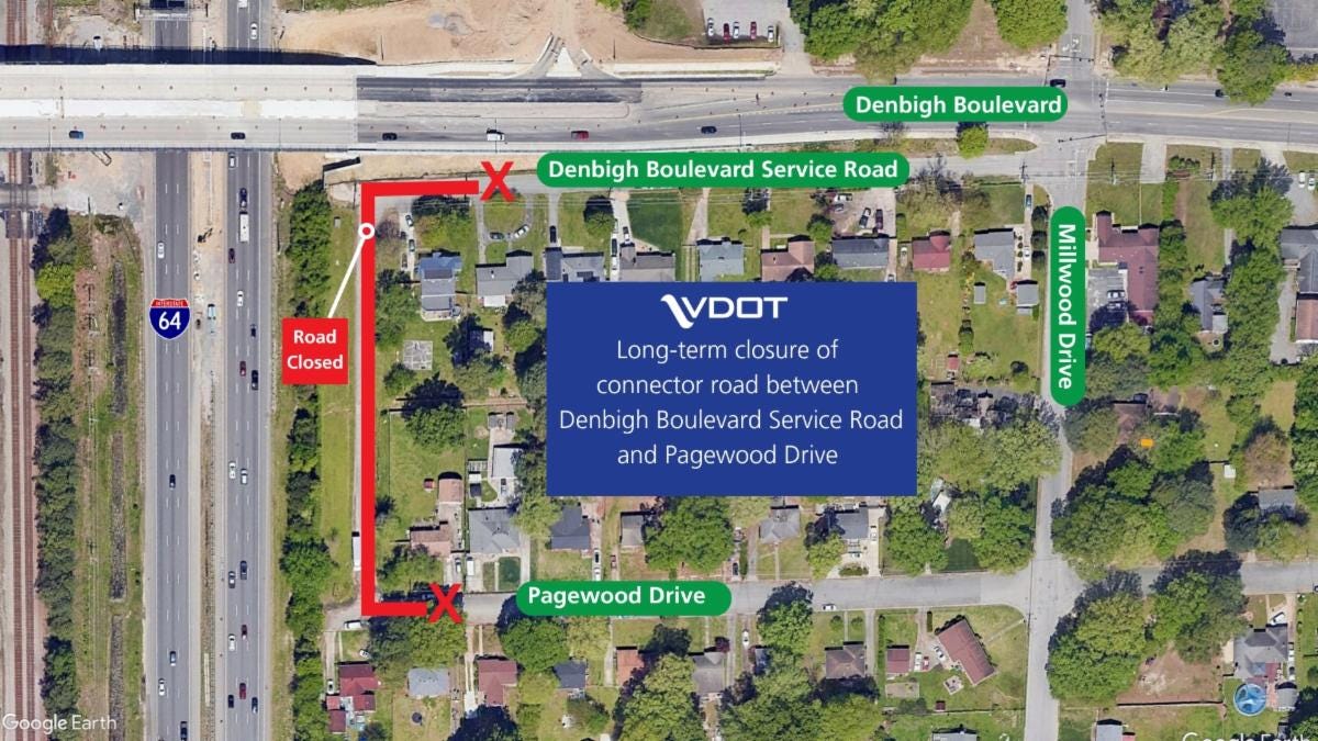 Long-term closure of the connector road between Denbigh Boulevard Service Road and Pagewood Drive Long-term closure of the connector road between Denbigh Boulevard Service Road and Pagewood Drive