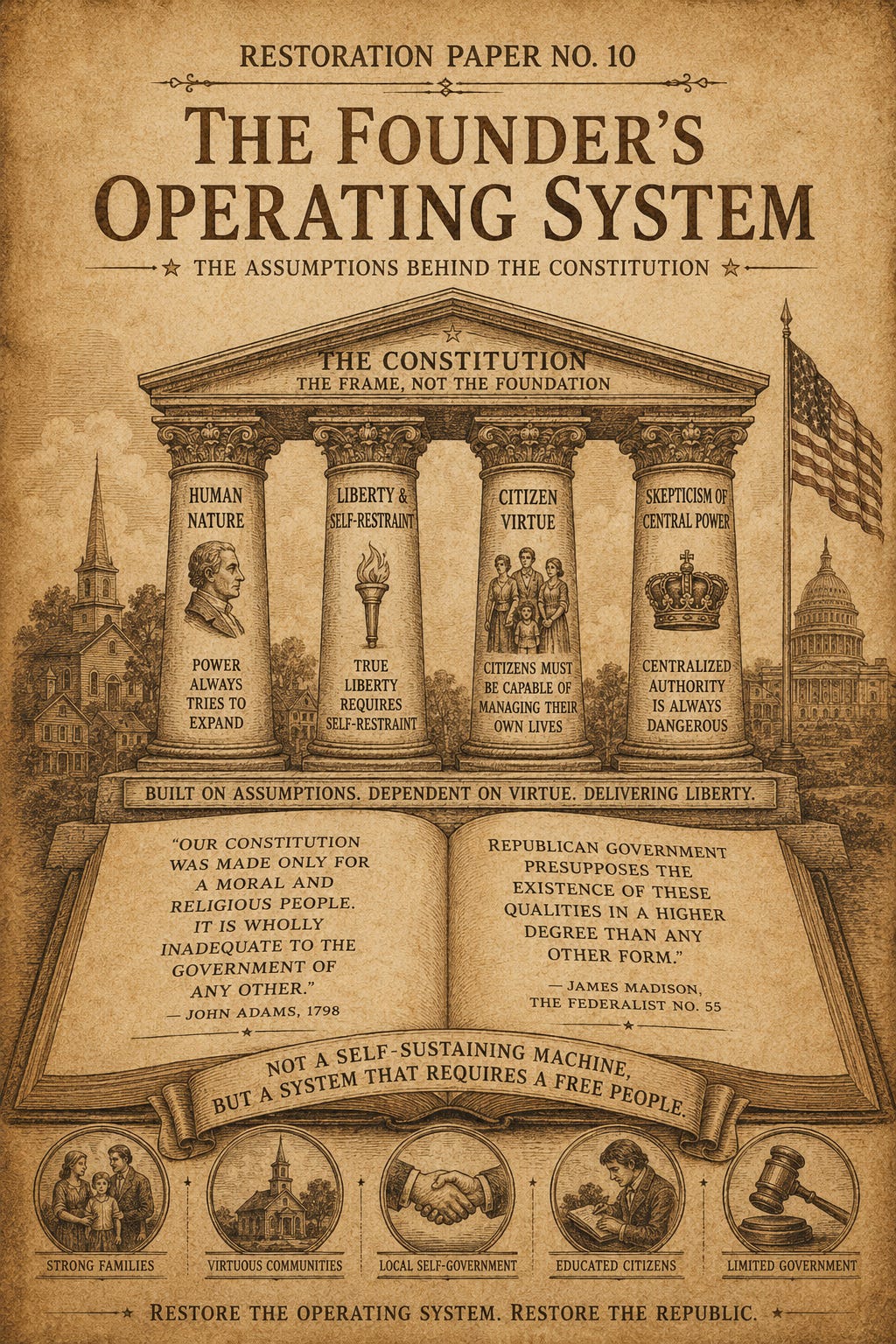 A vintage sepia-toned illustration on aged parchment titled “Restoration Paper No. 10: The Founder’s Operating System.” Four classical pillars support a pediment labeled “The Constitution: The Frame, Not the Foundation.” Each pillar represents a founding principle: human nature, liberty and self-restraint, citizen virtue, and skepticism of centralized power. An open book below features quotes from John Adams and James Madison, surrounded by symbols of family, local community, education, and limited government. The U.S. Capitol and a church appear in the background, emphasizing the philosophical foundations of the American republic. A vintage sepia-toned illustration on aged parchment titled “Restoration Paper No. 10: The Founder’s Operating System.” Four classical pillars support a pediment labeled “The Constitution: The Frame, Not the Foundation.” Each pillar represents a founding principle: human nature, liberty and self-restraint, citizen virtue, and skepticism of centralized power. An open book below features quotes from John Adams and James Madison, surrounded by symbols of family, local community, education, and limited government. The U.S. Capitol and a church appear in the background, emphasizing the philosophical foundations of the American republic.