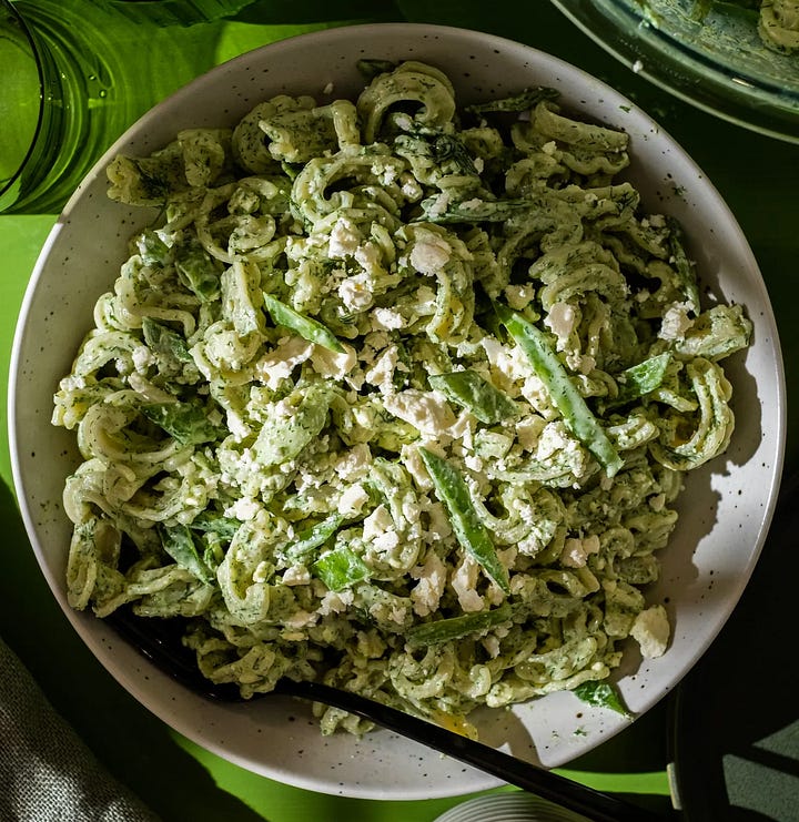 pasta salads and green pea ravioli