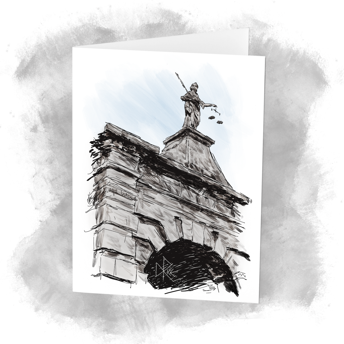 Holding a sword in one hand and scale in the other, a statue of Lady Justice stands above a stone gate. Sketch art by Don Rice. Holding a sword in one hand and scale in the other, a statue of Lady Justice stands above a stone gate. Sketch art by Don Rice.