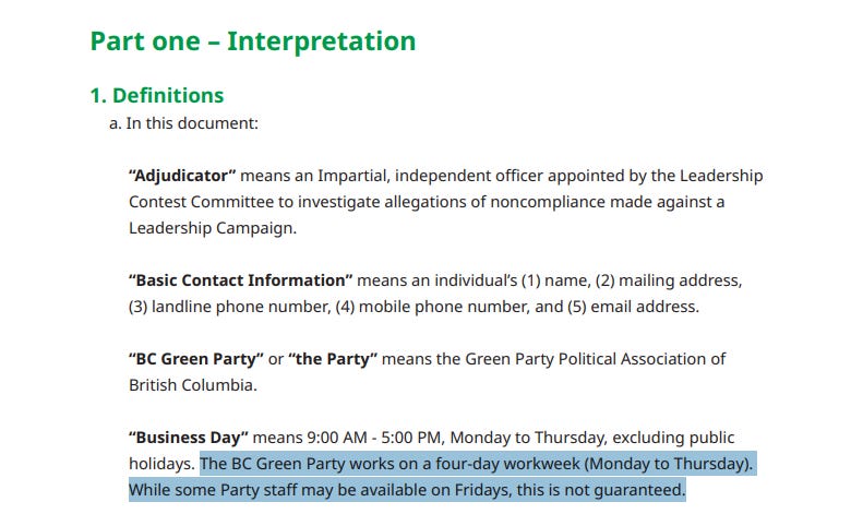 A screenshot of the leadership rules stating that the party office is not open on Fridays in observance of a four-day workweek
