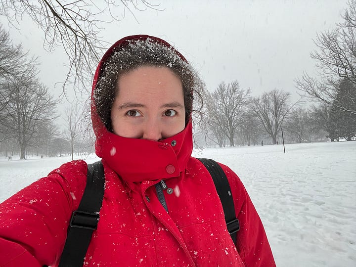 Four pictures of Shira in red coats: one raincoat (in front of a waterfall), one red trench in the sun, one winter coat in the snow, and the same red trench but this time with matching sunglasses.