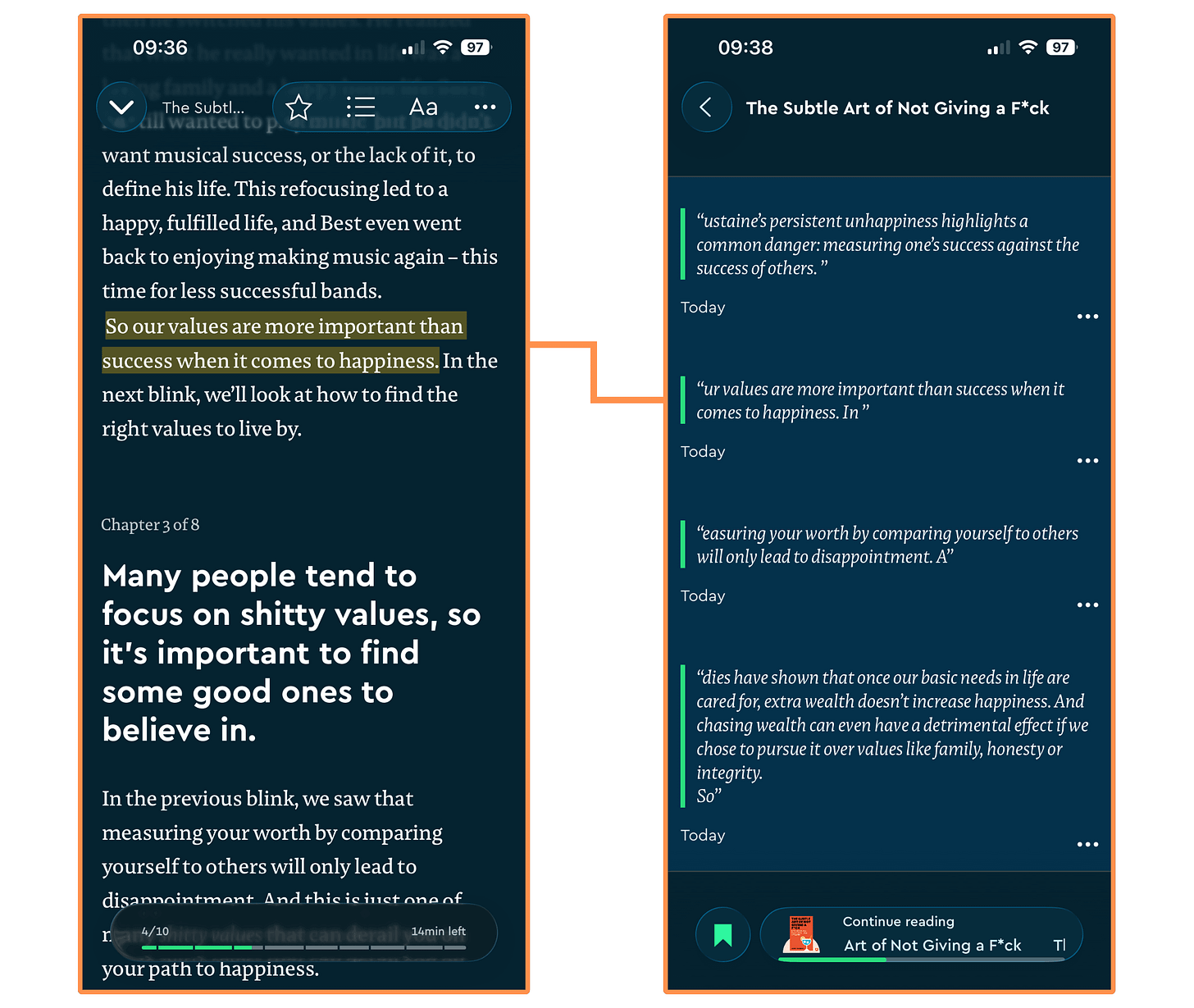 Highlights on Blinkist (mobile app + dark mode)
