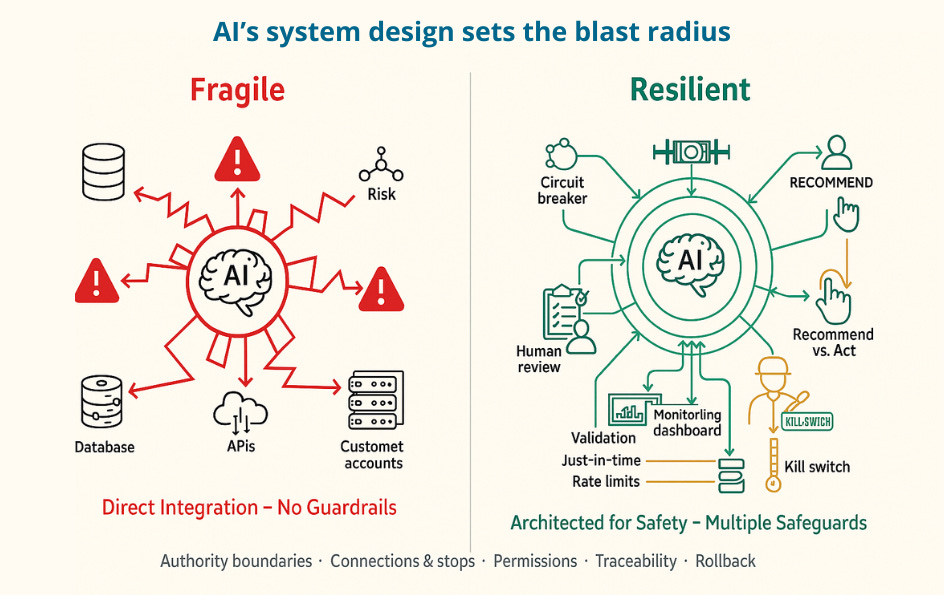 Side-by-side diagram comparing a fragile, direct-integration AI (red) to a resilient, safeguarded design (green) with human approval, circuit breakers, monitoring, kill switch, and clear “recommend vs. act” paths.