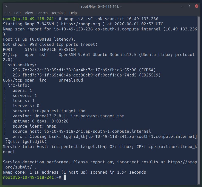 Nmap scan results showing port 6667 open Nmap scan results showing port 6667 open