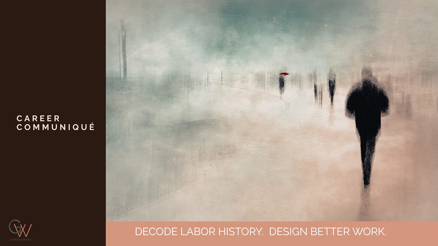 A painterly, atmospheric photograph of solitary figures moving through an empty urban space — dissolved into fog and distance, anonymous and unconnected, each on a separate path through a shared but uncollective space.