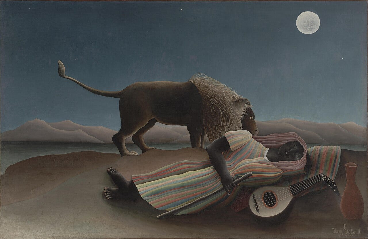Henri Rousseau's Sleeping Gypsy: a lion stands over a woman asleep on moonlit desert sand Henri Rousseau's Sleeping Gypsy: a lion stands over a woman asleep on moonlit desert sand