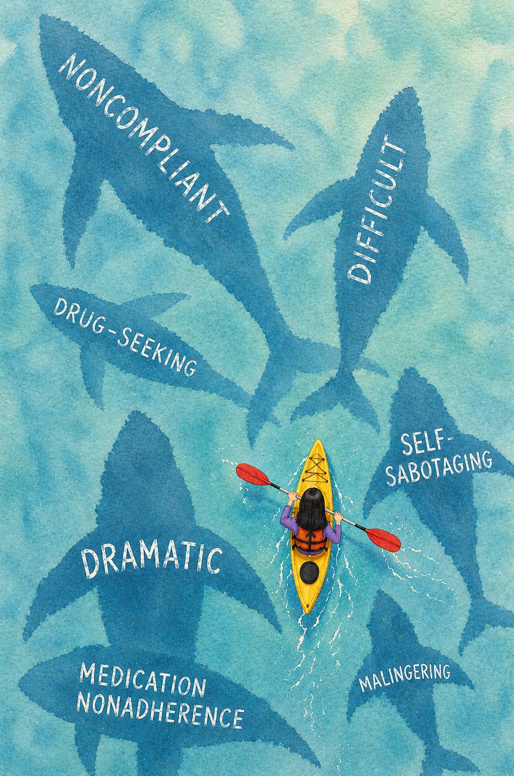 Watercolor illustration of a woman kayaking through blue water surrounded by whale-like shadows labeled with stigmatizing patient terms such as “noncompliant,” “drug-seeking,” and “dramatic.”