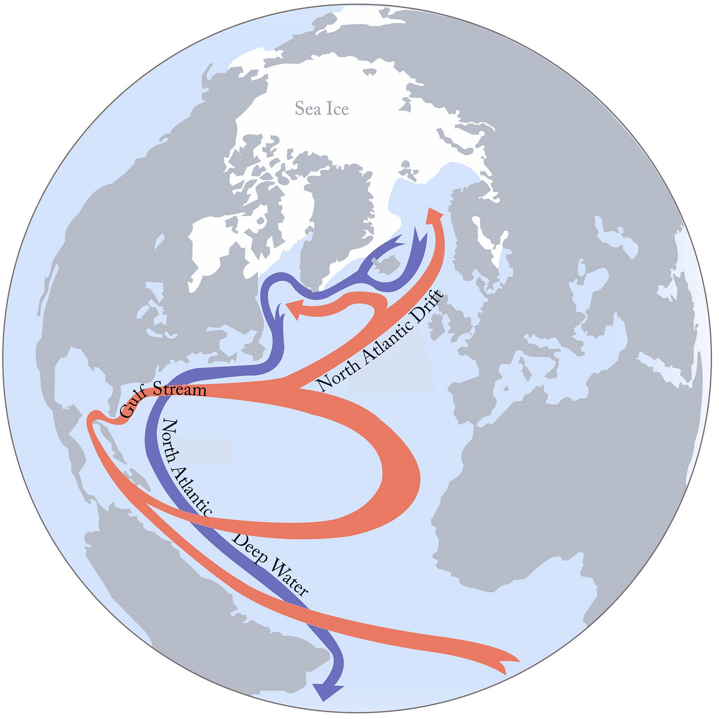 Schematische Zeichnung der warmen und kalten Strömungen im Nordatlantik