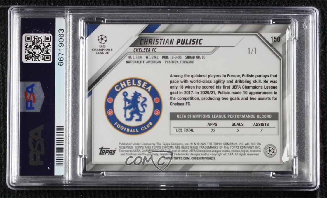 2021-22 Topps Chrome UCL Superfractor 1/1 Christian Pulisic #150 PSA 9 MINT - Picture 2 of 3
