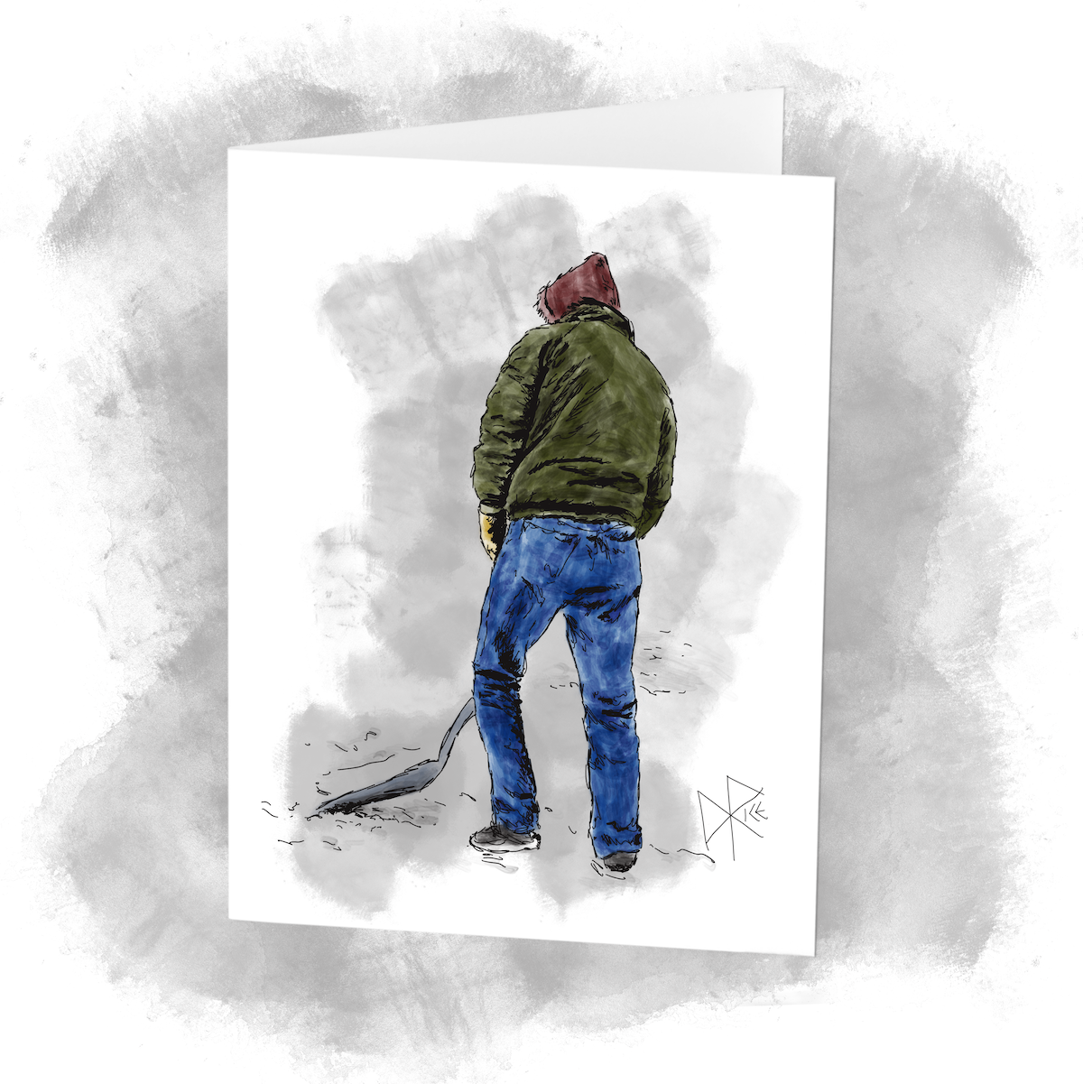 Man pushing a shovel along the pavement. Sketch art by Don Rice.