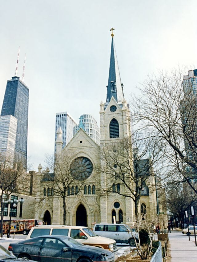 The grand architecture of Holy Name Cathedral, standing prominently in Chicago, February 1996. The grand architecture of Holy Name Cathedral, standing prominently in Chicago, February 1996.
