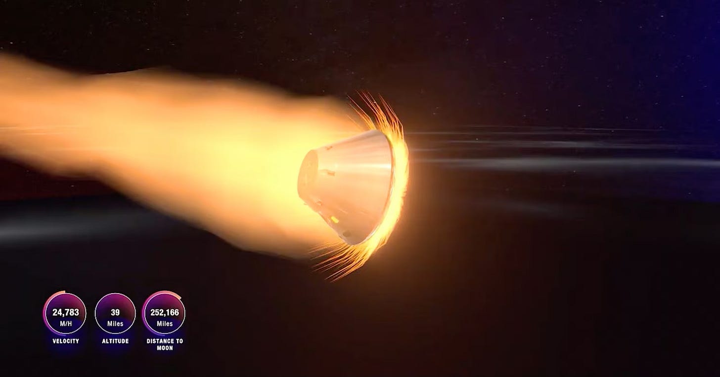 Orion spacecraft reentering Earth’s atmosphere at high speed, surrounded by a bright orange plasma glow caused by compressed and superheated air.