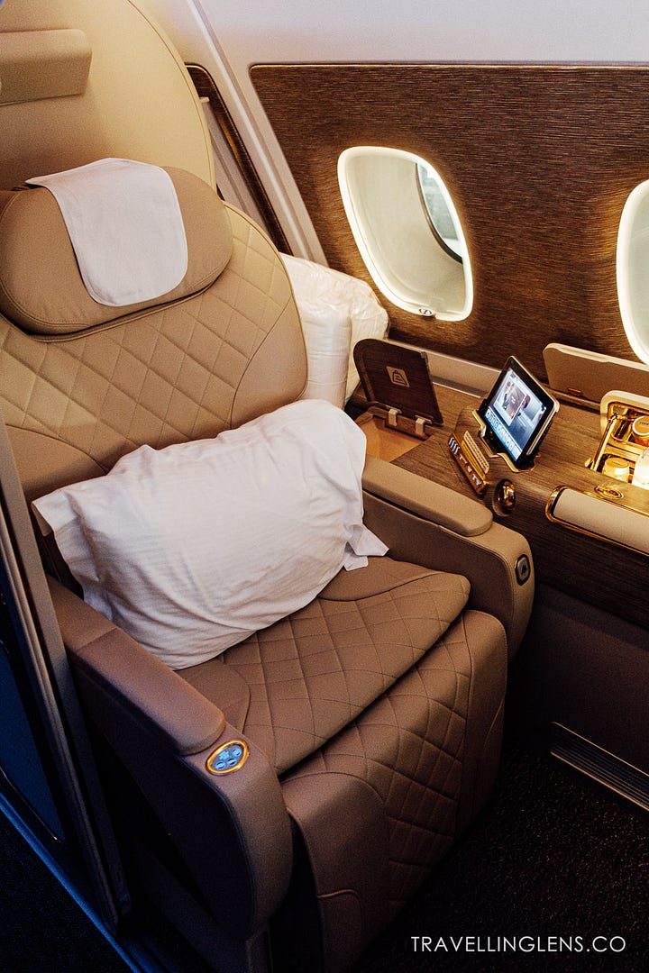 Emirates First Class Seat and mini bar.