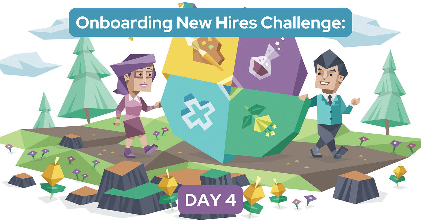 Two coworkers walking along a path in the forest while rolling a large multi-colored wheel between them. Text reads: Onboarding New Hires Challenge: Day 4. Two coworkers walking along a path in the forest while rolling a large multi-colored wheel between them. Text reads: Onboarding New Hires Challenge: Day 4.