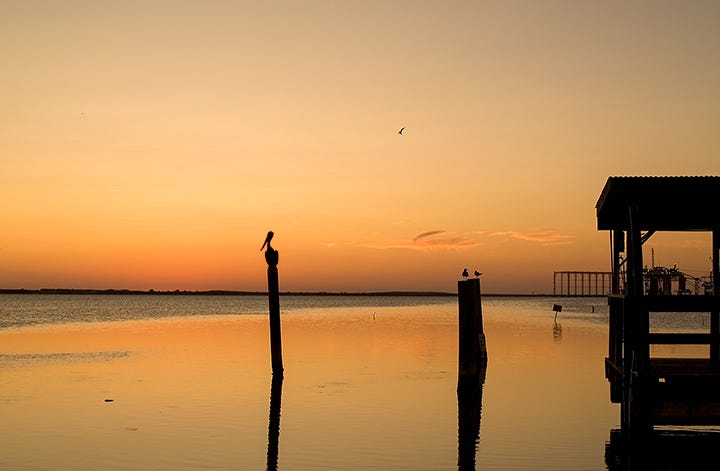 Left: photo of Rockport beach park, isolated with just a single beach umbrella and a person laying underneath, and a sunny sky. Right: a sunset shot taken at Ingleside, Texas, showing a calm water reflection of a pelican sitting on a pier.