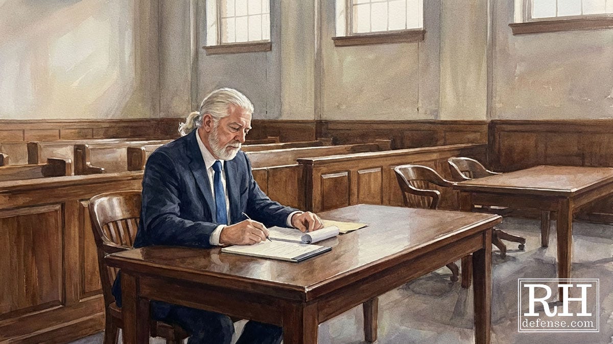 A criminal defense lawyer sits alone at the defense table in an empty courtroom, reviewing notes and writing on a legal pad while the judge’s bench remains empty in the background. A criminal defense lawyer sits alone at the defense table in an empty courtroom, reviewing notes and writing on a legal pad while the judge’s bench remains empty in the background.