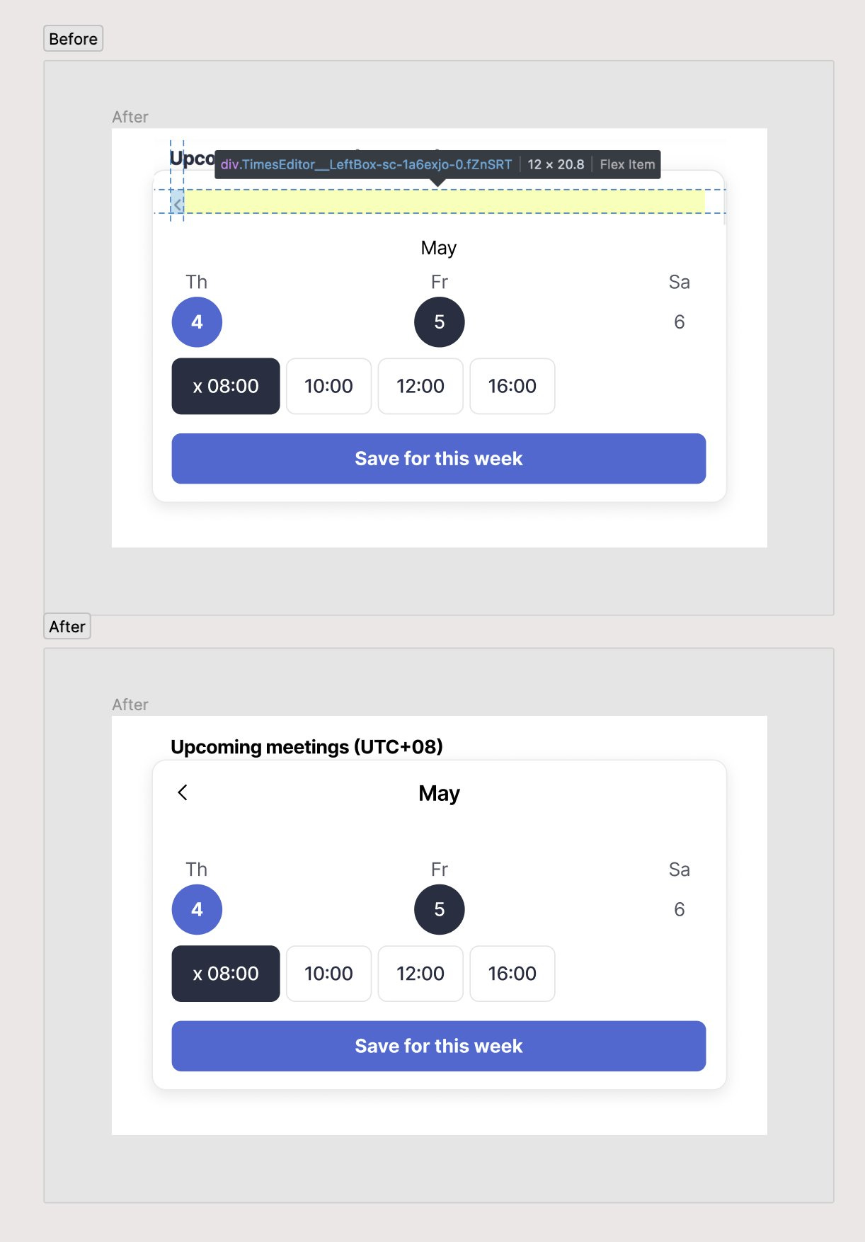 Above existing Lunchclub time picker with a small tappable area around Back button, below is a redesigned version with a larger button