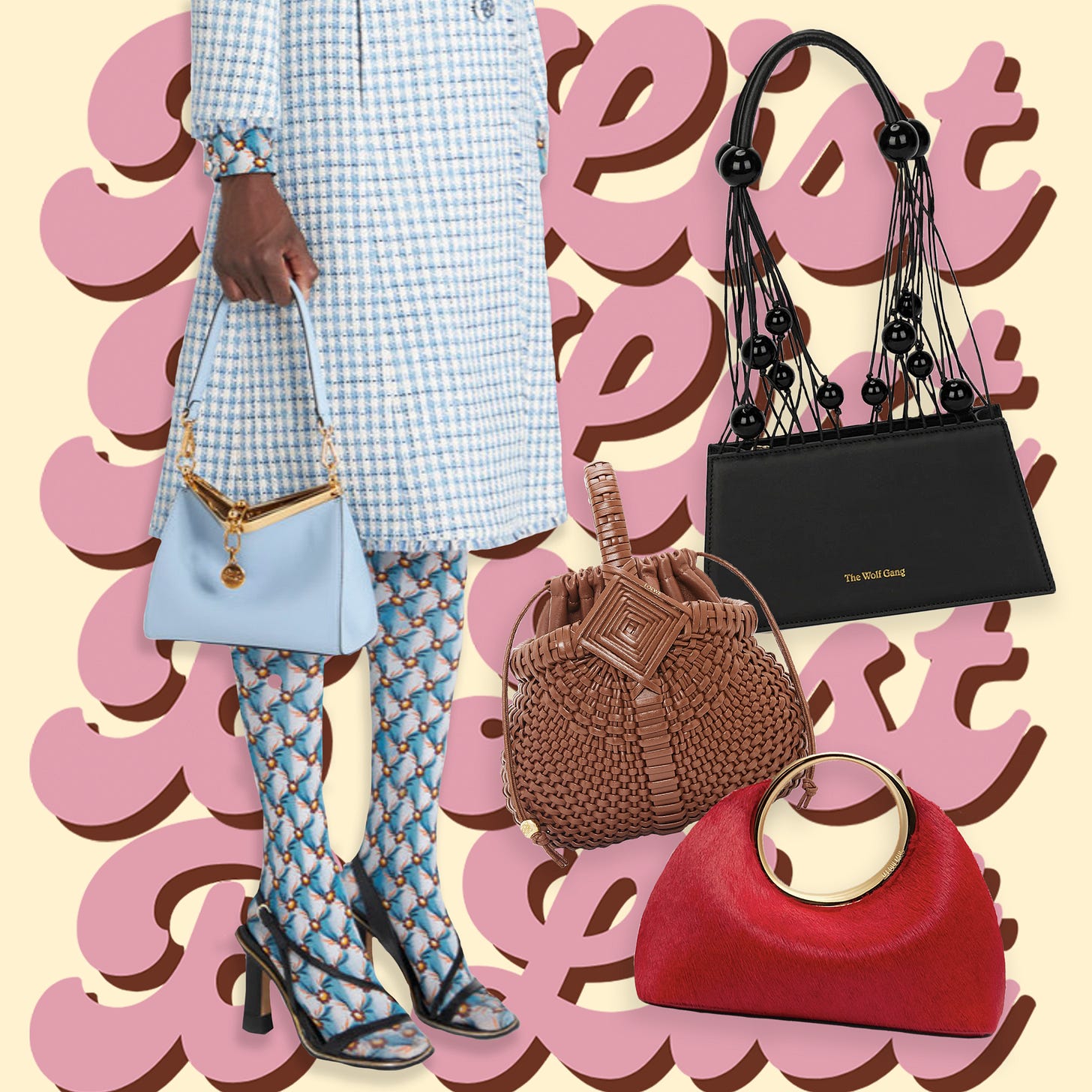 Images of handbags by Etro, Loewe, Jacquemus, and The Wolf Gang.