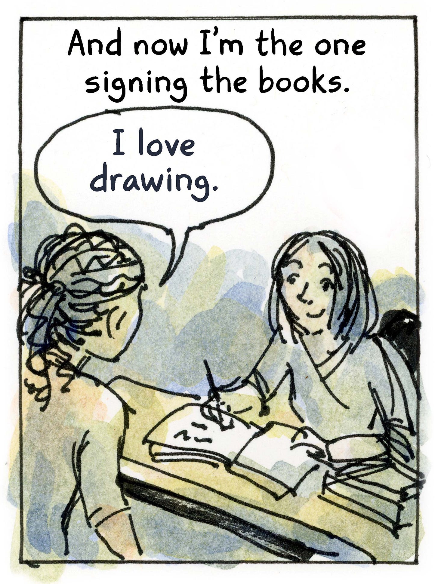 Watercolor comic page by graphic novelist K. Woodman-Maynard about her book launch of her graphic novel adaptation of Tuck Everlasting. 