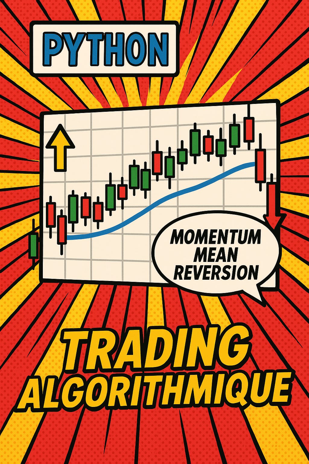 Concepts de trading quantitatif avec momentum et mean reversion en style comic book