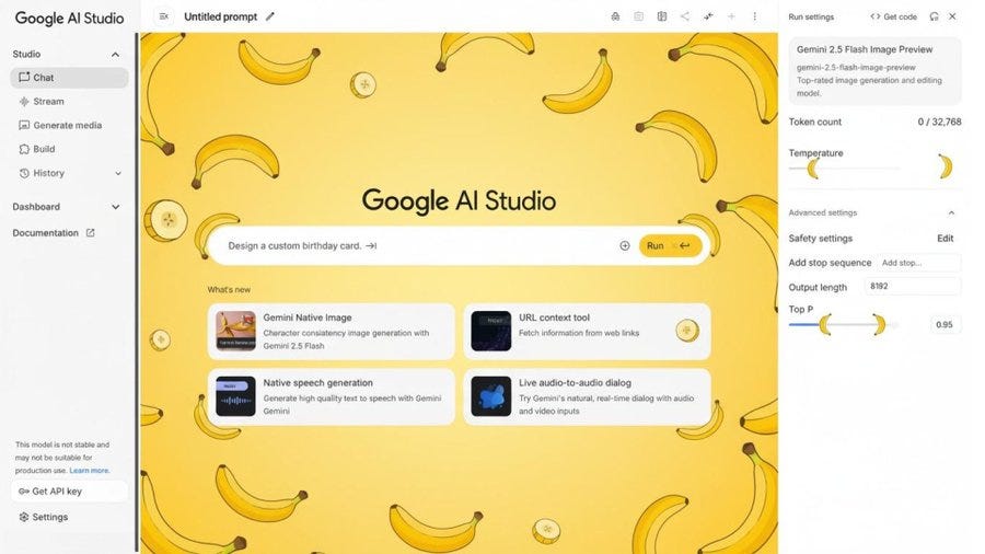 A screenshot of the Google AI Studio interface with a yellow background featuring banana graphics. The interface displays the title "Google AI Studio" and options like "Chat," "Drive," and "History" on the left sidebar. Below the title, there is a search bar and cards showing features such as "Demo Native Image" and "Live audio-to-audio." A person in a banana costume stands outdoors on a paved path with trees and buildings in the background.