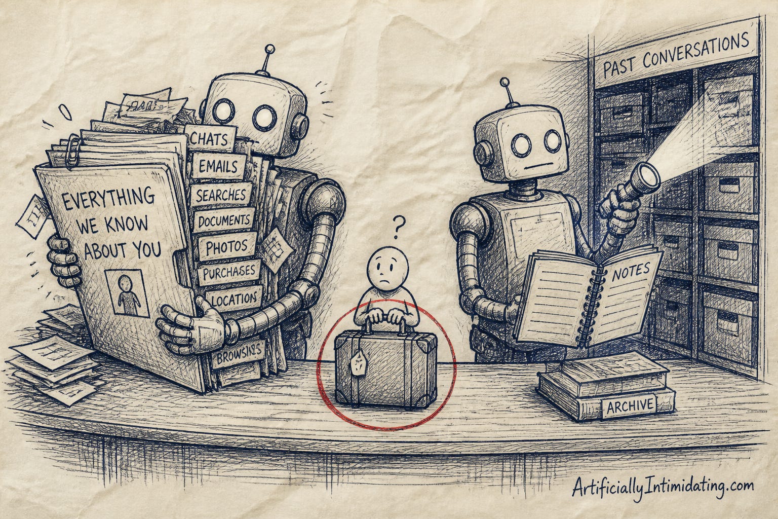 Pen-and-ink cartoon: two robot librarians at a shared desk. The left robot clutches an enormous overstuffed dossier labelled EVERYTHING WE KNOW ABOUT YOU with tabs for chats, emails, searches, photos and location. The right robot holds an empty notebook and shines a flashlight into a dark archive of past conversations. Between them a small bewildered customer sits holding a suitcase, circled in red, with a question mark above his head.