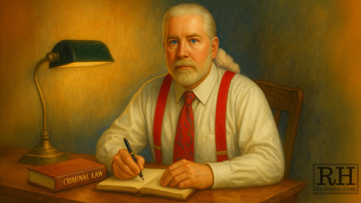 Watercolor/oil painting of Rick Horowitz seated at a wooden desk, writing in a notebook with a fountain pen. A brass desk lamp casts warm light, and a red book titled Criminal Law rests beside him. He wears a white shirt, red suspenders, and patterned tie, looking directly at the viewer, symbolizing legal expertise in criminal defense and direct connection with criminal defense clients