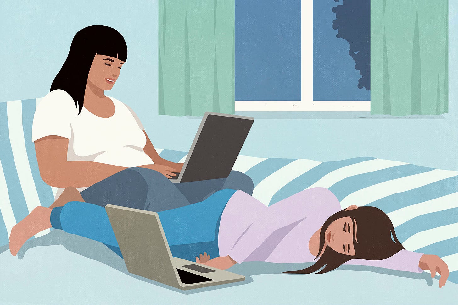 an illustration showing a woman sitting on a bed on her laptop and a girl laying down next to her on her own laptop