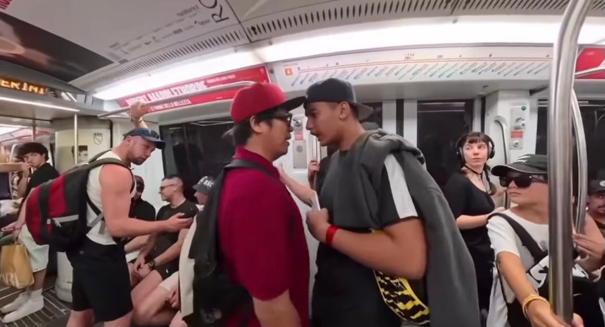 Filipino creators Mervin Dayagro and Jordan Tamayo stand their ground against mocking pickpockets on a Rome Metro train.