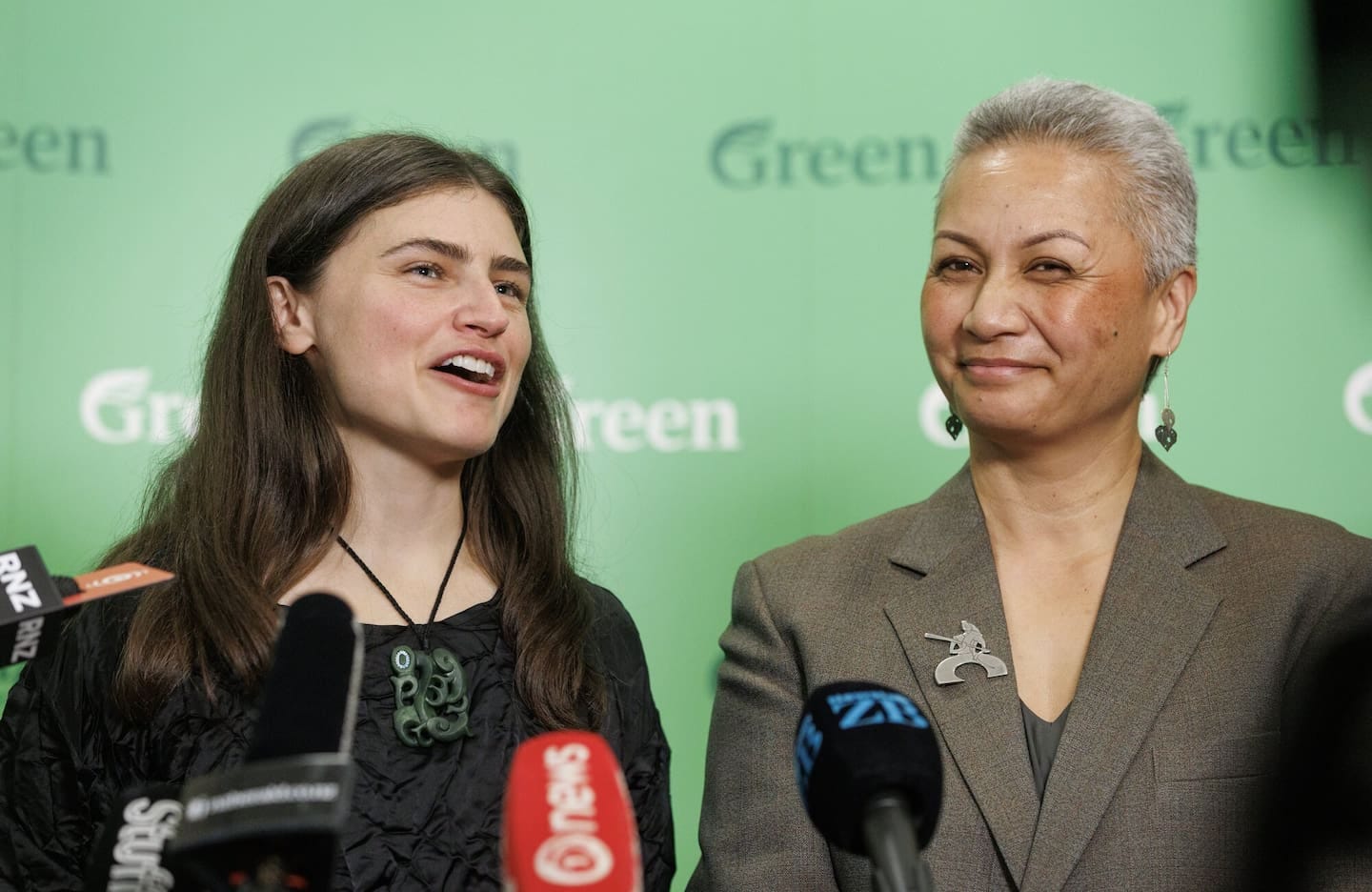 Greens co-leaders Chlöe Swarbrick and Marama Davidson after their Budget 2025 launch at Parliament. Photo / Mark Mitchell
