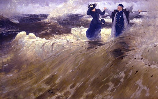 What a Freedom!, 1903, Ilia Efimovich Repin Oil Painting of 2 People in the Waves - What a Freedom!, 1903, Ilia Efimovich Repin