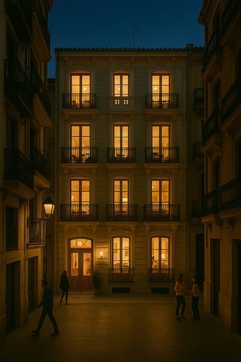 A warm, softly lit European-style building at night with multiple stories and glowing windows, possibly a boutique hotel or future co-living space. A few people walk or talk quietly in the courtyard below. The setting evokes calm, connection, and understated elegance. Image created with DALL·E. A warm, softly lit European-style building at night with multiple stories and glowing windows, possibly a boutique hotel or future co-living space. A few people walk or talk quietly in the courtyard below. The setting evokes calm, connection, and understated elegance. Image created with DALL·E.