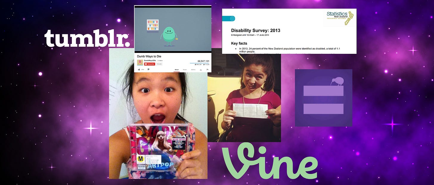 2013 pop culture references on a galaxy background, including a photo of Eda holding up a Lady Gaga Artpop CD looking stoked and Olivia holding up a temporary drivers license, also looking chuffed. There’s also a screenshot of the 2013 Disability Survey. 2013 pop culture references on a galaxy background, including a photo of Eda holding up a Lady Gaga Artpop CD looking stoked and Olivia holding up a temporary drivers license, also looking chuffed. There’s also a screenshot of the 2013 Disability Survey.