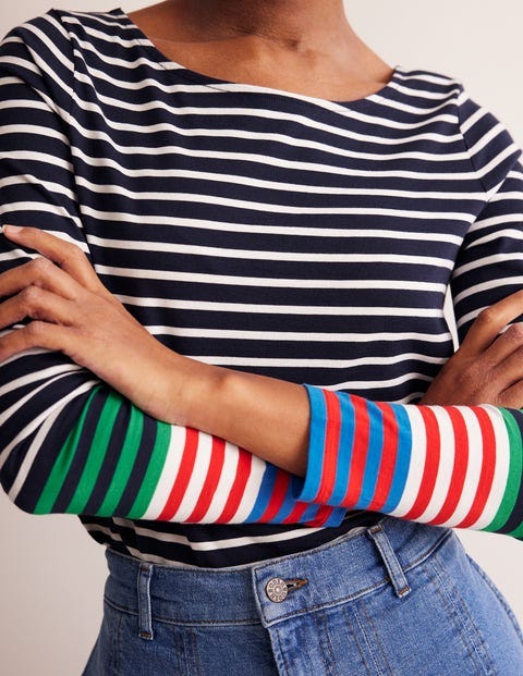 Ella Long Sleeve Breton - French Navy, Ivory Multi Cuff