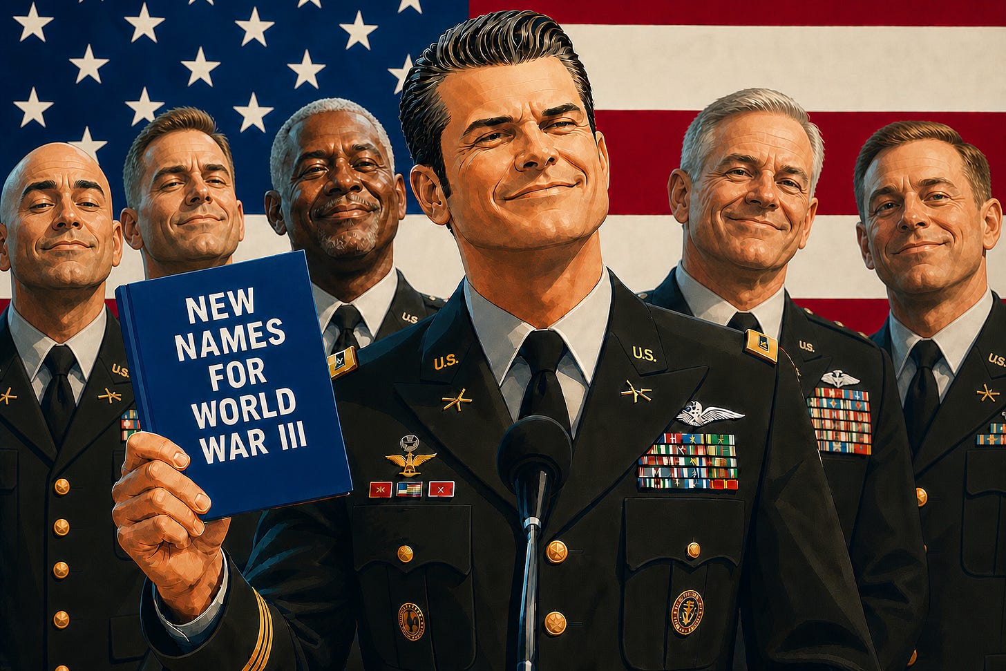 Pentagon officials at a press conference presenting a book titled “New Names For World War III.” Their faces appear smug and arrogant. Pentagon officials at a press conference presenting a book titled “New Names For World War III.” Their faces appear smug and arrogant.
