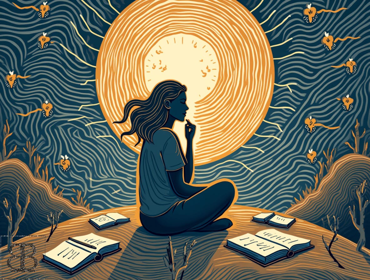 A woman sits thoughtfully surrounded by notebooks