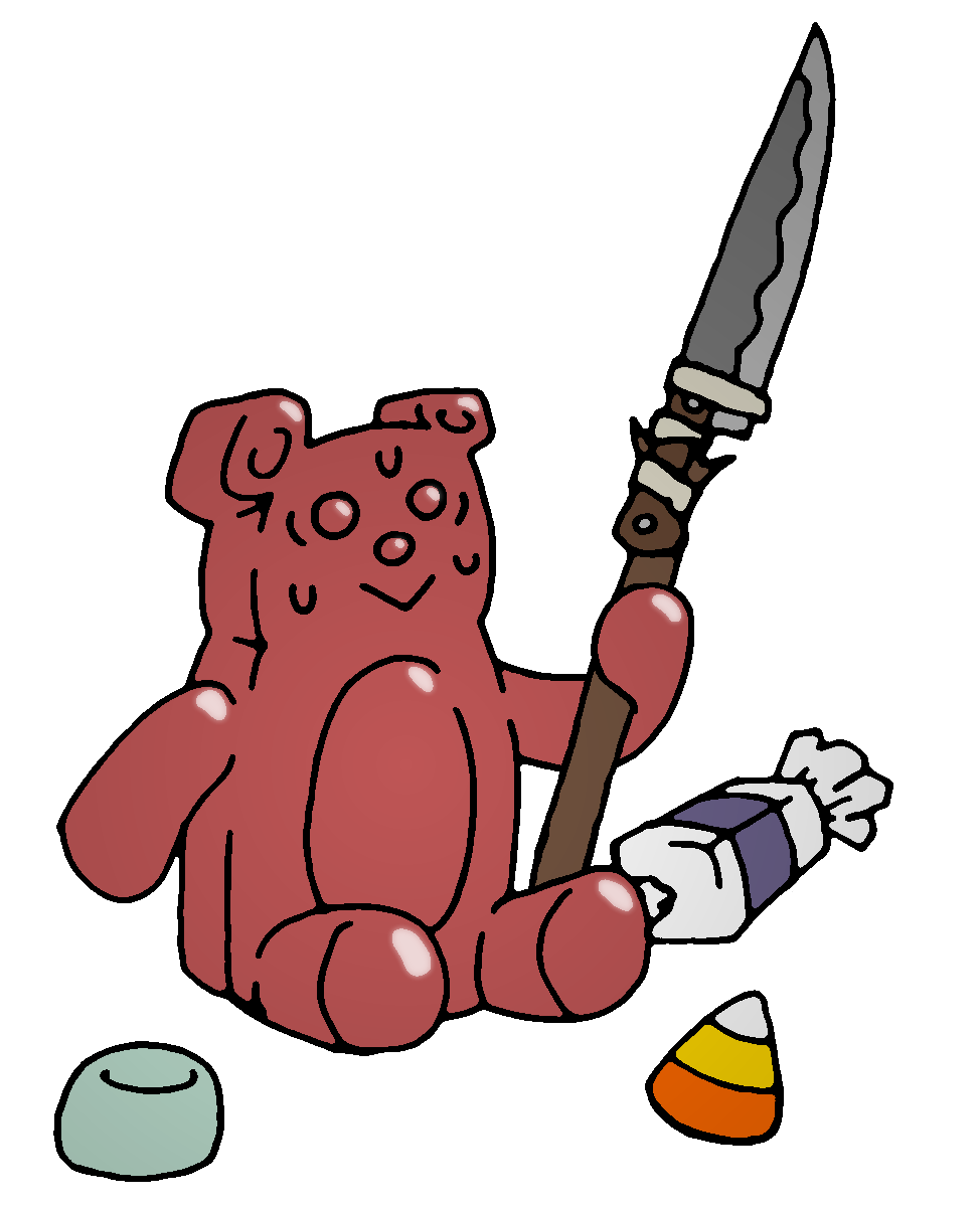 A red gummy bear sitting on the ground holding a makeshift spear made from a knife blade lashed to a stick, with a piece of candy corn, a green gumdrop, and a wrapped candy scattered nearby. A red gummy bear sitting on the ground holding a makeshift spear made from a knife blade lashed to a stick, with a piece of candy corn, a green gumdrop, and a wrapped candy scattered nearby.