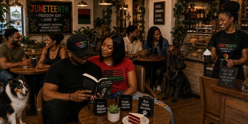 Dog-friendly cafe on Juneteenth with three couples celebrating black history