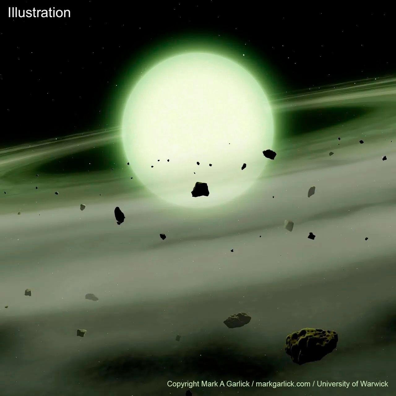 A star shines with a greenish hue in front of a dark field with more distant stars, surrounded by a greenish disk with debris.