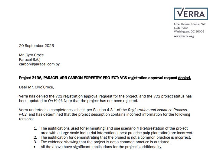 Fragmento de la carta de denegación del registro del proyecto de Paracel por parte de Verra.
