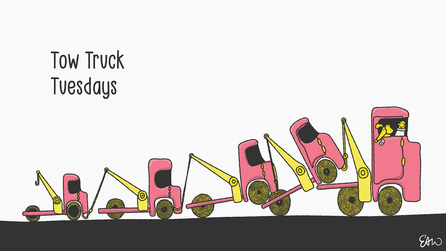 Illustration of a line of tow trucks towing each other. The caption reads Tow Truck Tuesdays.