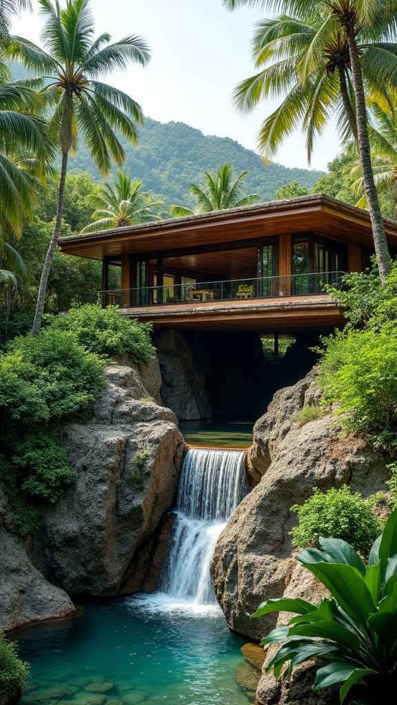 Stunning modern Jamaican villa perched on a lush cliffside, cascading water features and infinity pool blending seamlessly into the turquoise Caribbean Sea, surrounded by swaying palm trees and vibrant tropical flora, with a sleek, minimalist architecture reminiscent of the works of Alberto Campo Baeza, the vibrant colors and textures of David Hockney's landscapes, and the organic, curvilinear forms of Santiago Calatrava's designs.