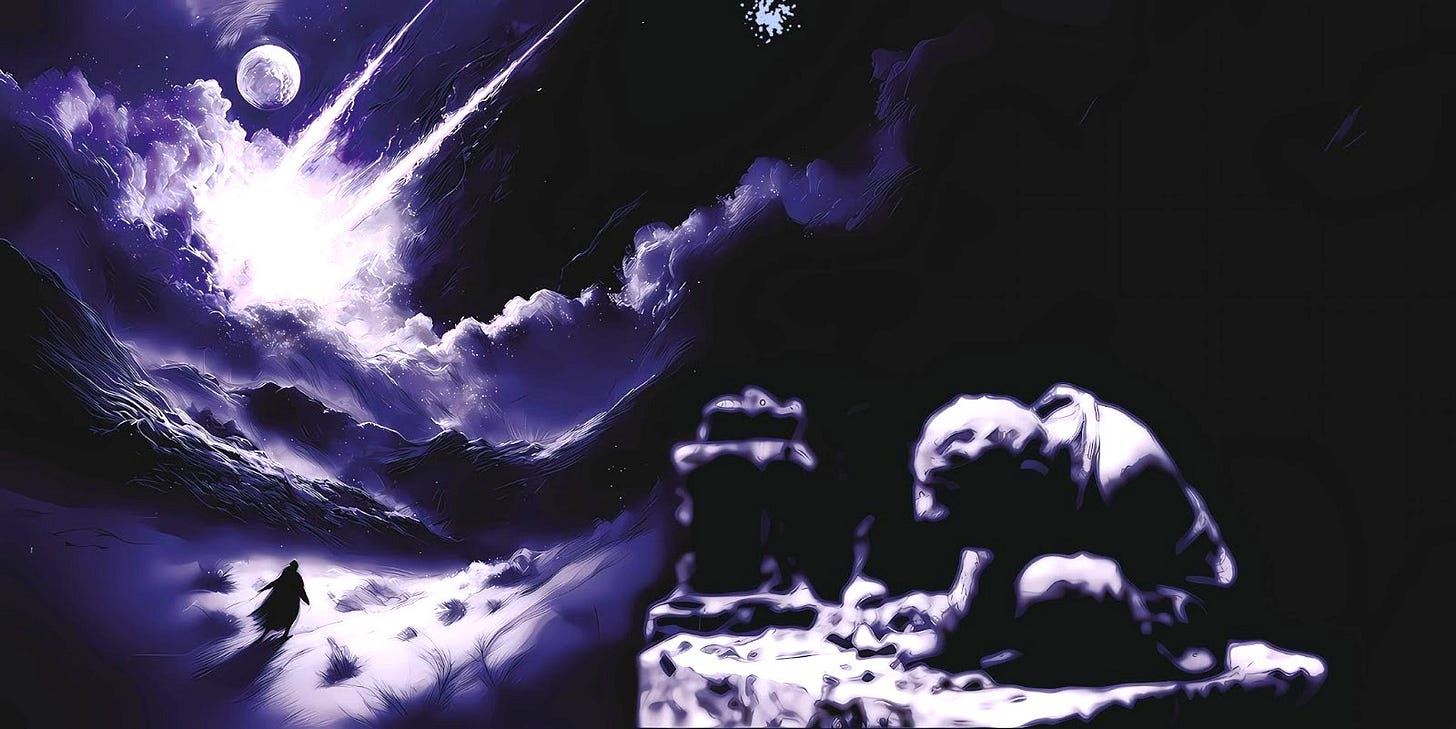 Blurred stone statue of a seated child bent forward, face cradled in hands, dominates snowy foreground. Behind, a solitary figure in winter coat gazes upward at a dramatic purple-and-white cosmic sky with luminous moon and rays of divine light. Digital illustration in ethereal style with Krita & AI. The juxtaposition... grieving stone child below, transcendent celestial spectacle above... visualizes the article's core tension: inherited religious narrative demanding upward faith while the child's anguish remains frozen, unseen, unwitnessed.