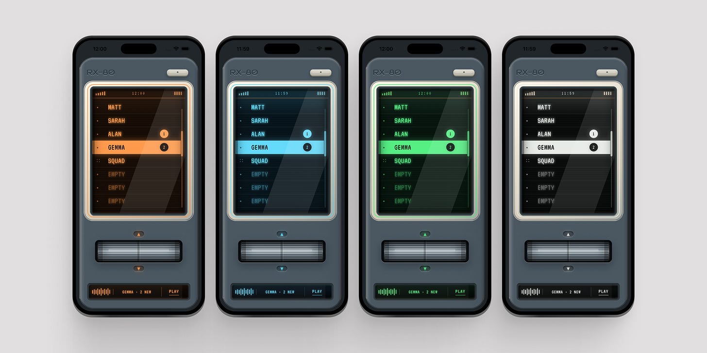 Four RX-80 devices with identical gunmetal bodies, each showing its controls and display in orange, cyan, green, or white. Four RX-80 devices with identical gunmetal bodies, each showing its controls and display in orange, cyan, green, or white.
