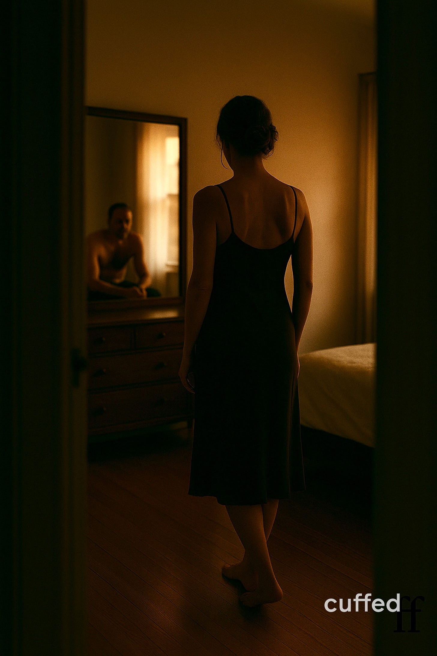 A woman in her 40s stands barefoot in a dimly lit bedroom, wearing a black slip dress, facing a mirror. Reflected in the mirror is a shirtless man, also in his 40s, watching her from across the room. The scene is quiet, intimate, and weighted with unspoken history—capturing the complexity of midlife relationships. Visual for cuffed musing no. 10: “dating 40-year-old women as a 40-year-old man: what no one prepares you for.” A woman in her 40s stands barefoot in a dimly lit bedroom, wearing a black slip dress, facing a mirror. Reflected in the mirror is a shirtless man, also in his 40s, watching her from across the room. The scene is quiet, intimate, and weighted with unspoken history—capturing the complexity of midlife relationships. Visual for cuffed musing no. 10: “dating 40-year-old women as a 40-year-old man: what no one prepares you for.”