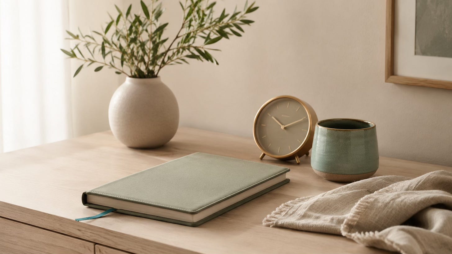 A calm planner, clock, and tea on a quiet table, representing making time for emotional wellbeing.