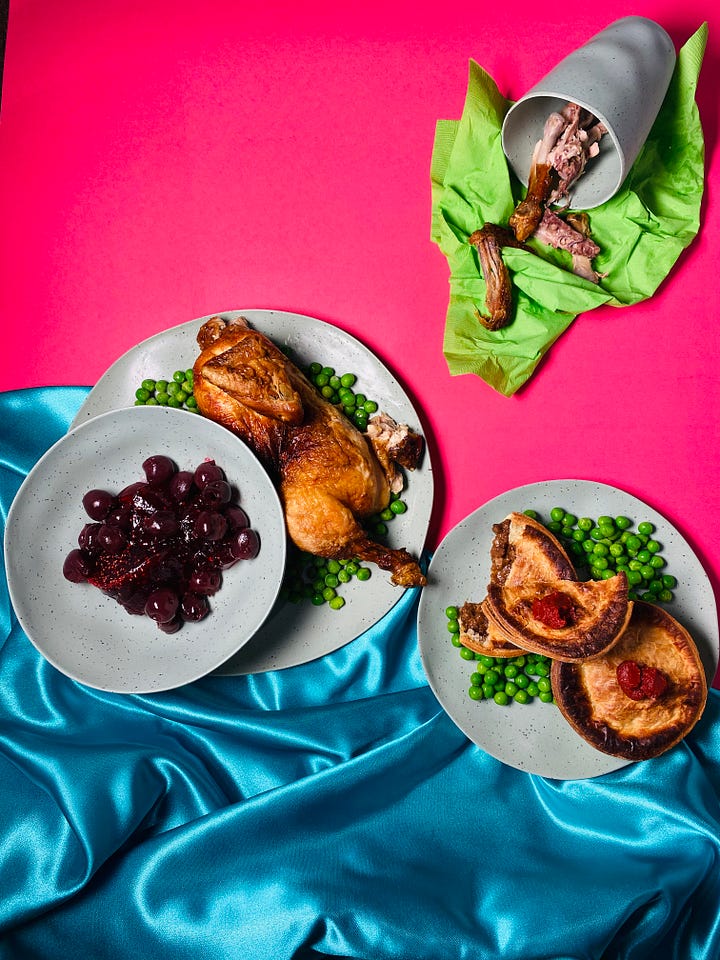 4 images. Product photography of bamboo plates with fake ice cream, roasted chicken dinner, tomato soup and sandwiches and a hamburger meal with fries as lifestyle shots.
