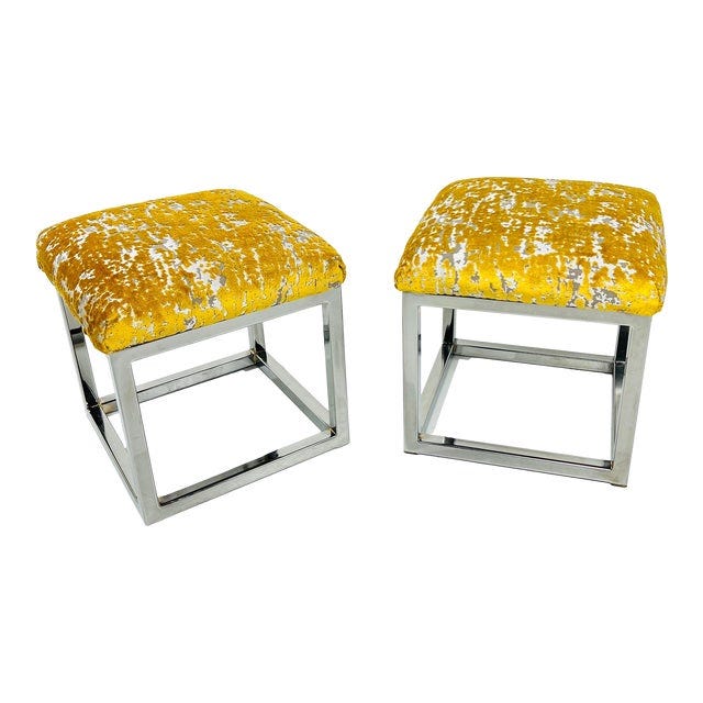 1970s Pair of Vintage Chrome Frame Footstools / Ottomans For Sale